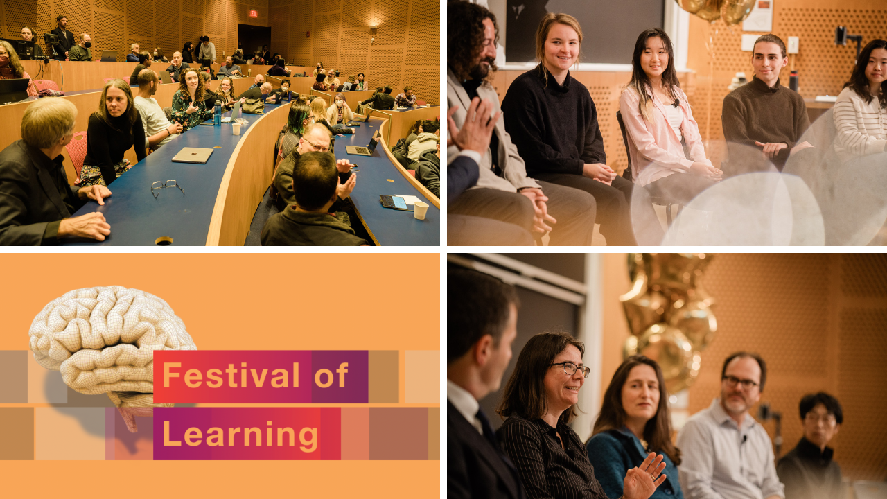 clockwise: showing crowd in room engaging in conversation with each other; panelists sitting at front of room smiling in conversation; instructor panelists listening to each other speak; festival of learning logo showing an image of a brain