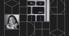 Collage with headshot photo of Debbie Reynolds and photo of the Delete button on a keyboard.