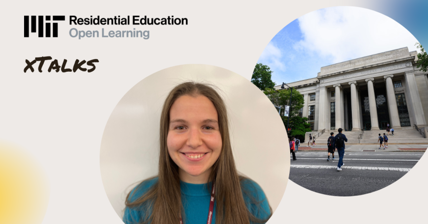 Logo of Residential Education xTalks; Headshot of Shams El-Adawy, and image showing MIT Building 7 from across the street 