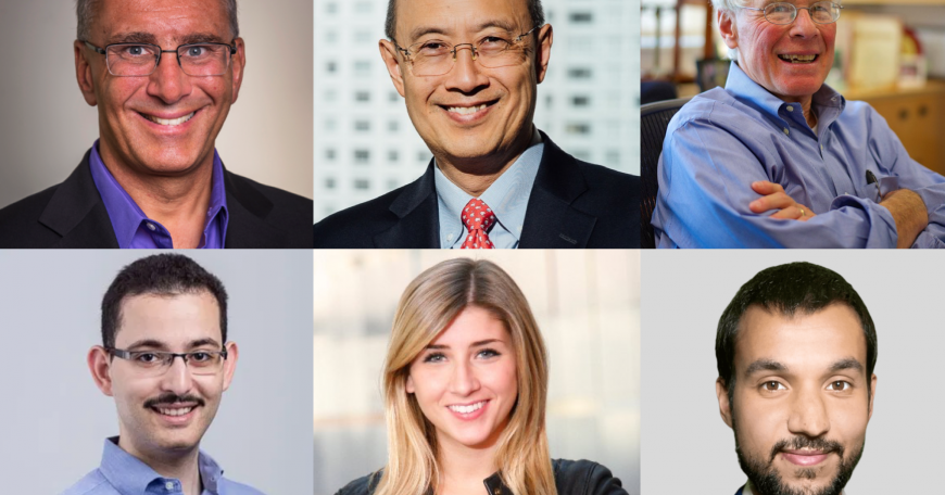 The 2021 MITx Prize winners (clockwise from top left): professors Jonathan Gruber, Andrew Lo, and Harvey Lodish; alumnus Shomesh Chaudhuri '14, '18; and graduate students Kate Koch and Zied Ben Chaouch.